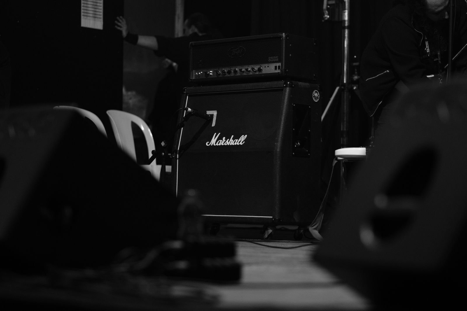 A towering stack of amplifiers and cabinets set up for a heavy live rig