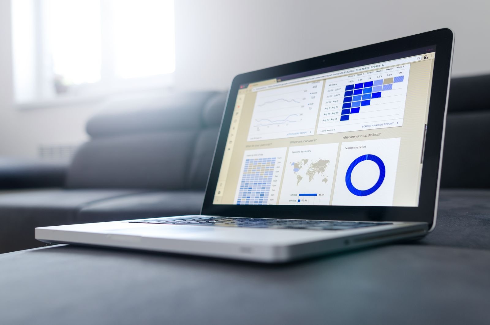 Laptop on a couch displaying a colorful web analytics dashboard